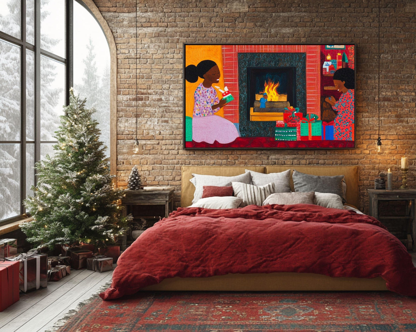 Black Family Opening Christmas Presents by the Fireplace | African American Holiday Art | Quilt-Style Christmas Art |Christmas Decor