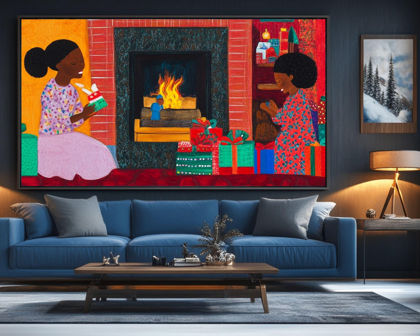 Black Family Opening Christmas Presents by the Fireplace | African American Holiday Art | Quilt-Style Christmas Art |Christmas Decor