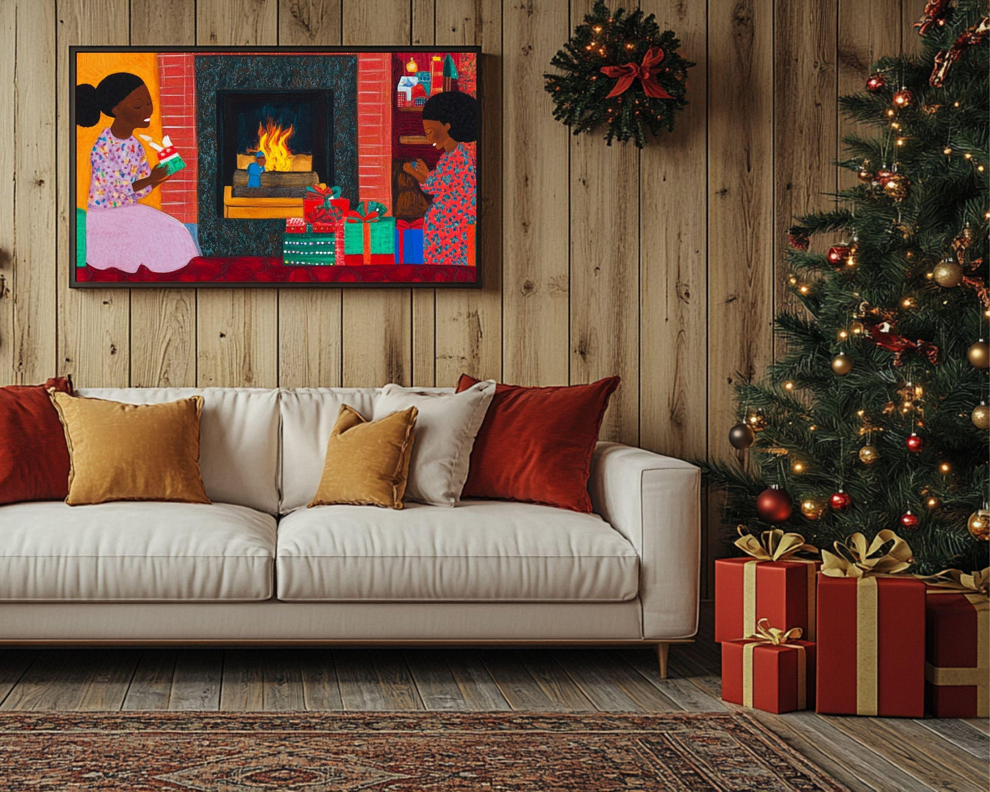 Black Family Opening Christmas Presents by the Fireplace | African American Holiday Art | Quilt-Style Christmas Art |Christmas Decor