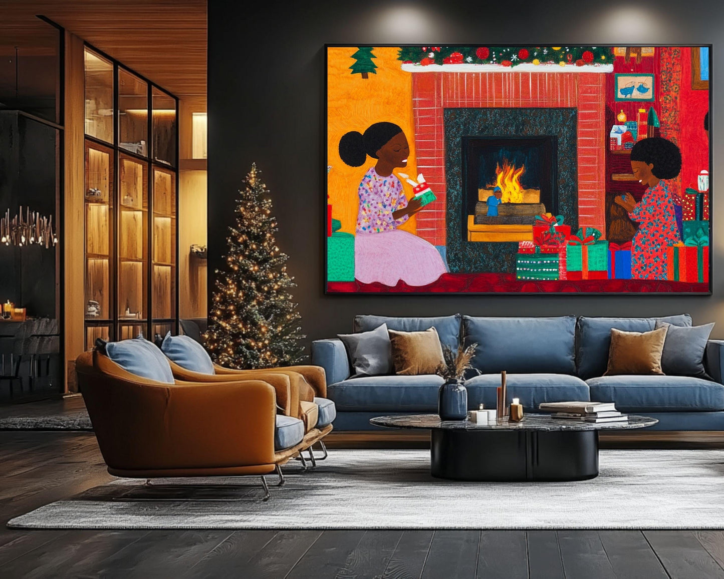 Black Family Opening Christmas Presents by the Fireplace | African American Holiday Art | Quilt-Style Christmas Art |Christmas Decor