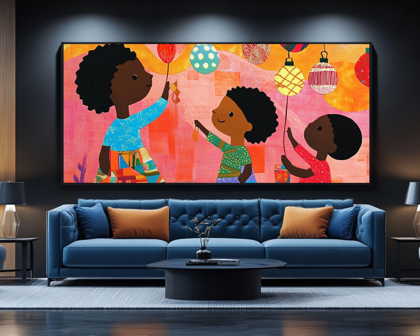 Black Children Hanging Christmas Ornaments | African American Holiday Art | Festive Quilt-Style Christmas Scene | Christmas Home Decor