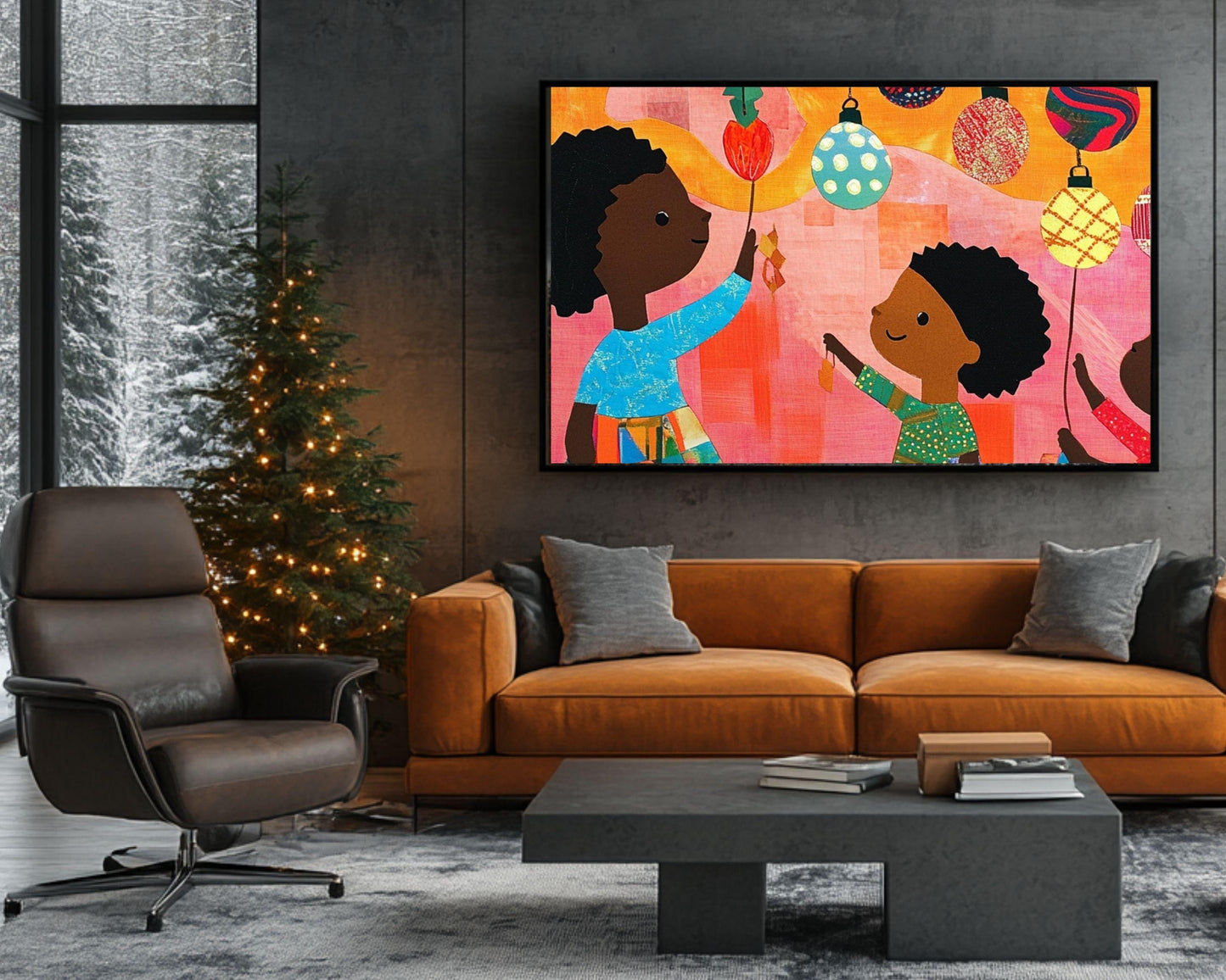 Black Children Hanging Christmas Ornaments | African American Holiday Art | Festive Quilt-Style Christmas Scene | Christmas Home Decor