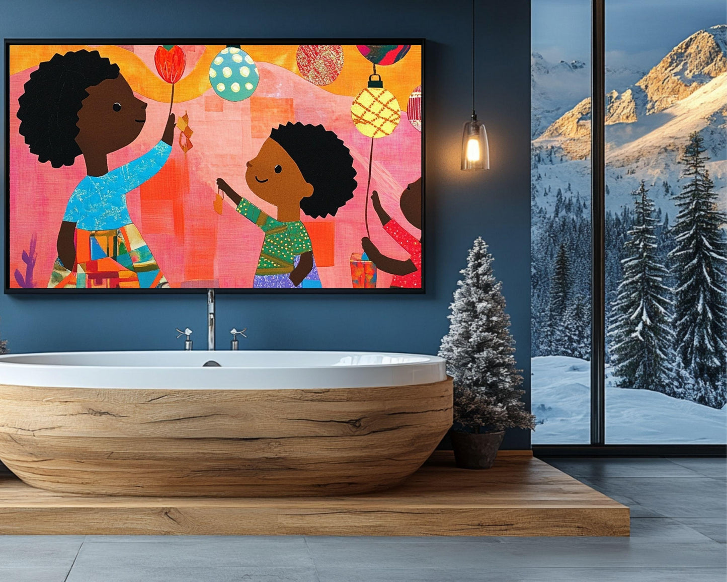 Black Children Hanging Christmas Ornaments | African American Holiday Art | Festive Quilt-Style Christmas Scene | Christmas Home Decor