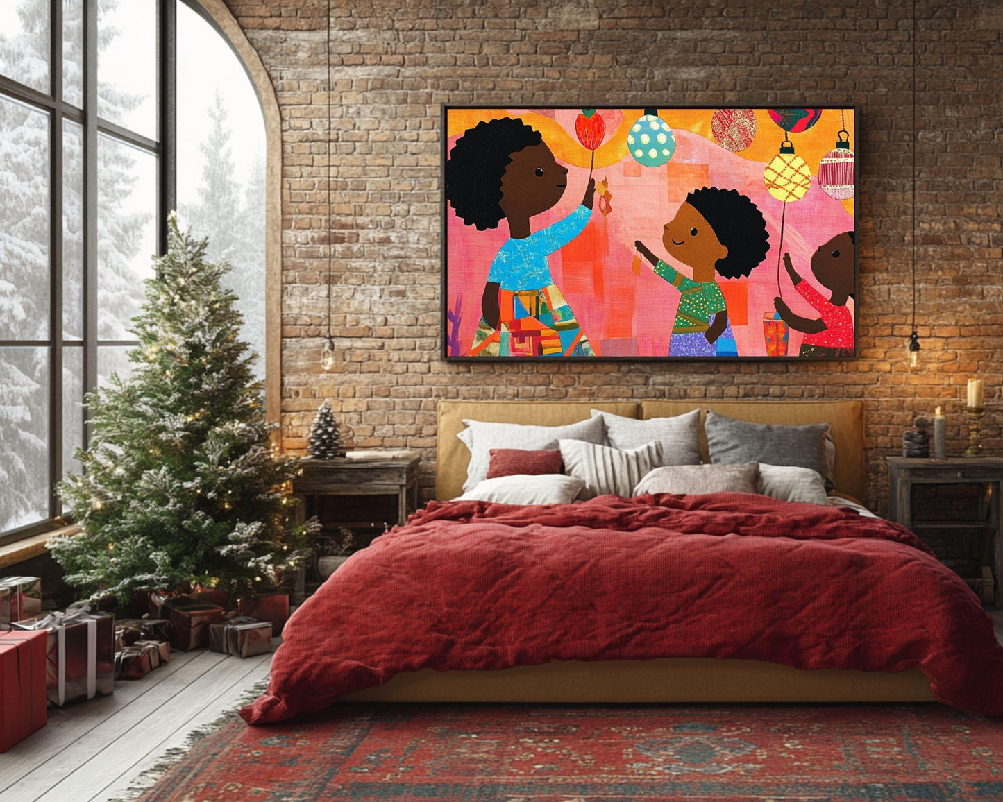 Black Children Hanging Christmas Ornaments | African American Holiday Art | Festive Quilt-Style Christmas Scene | Christmas Home Decor