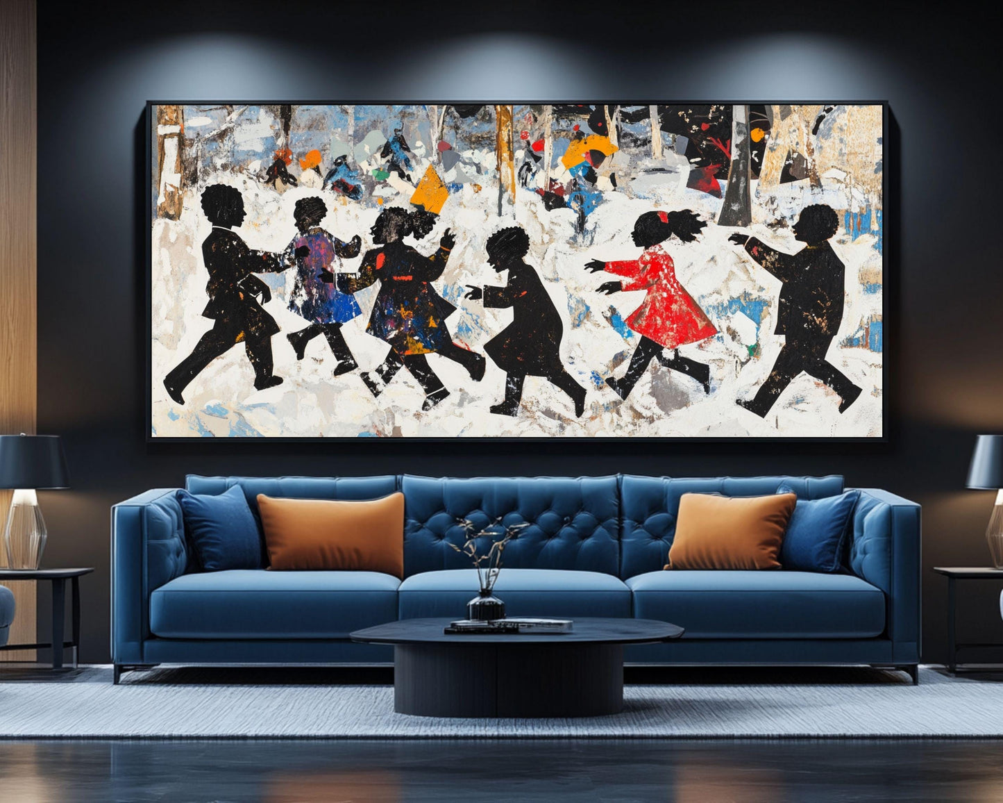 Black Children Playing in Snow | African American Winter Art | Festive Holiday Snow Scene Canvas | Vibrant Christmas Wall Decor