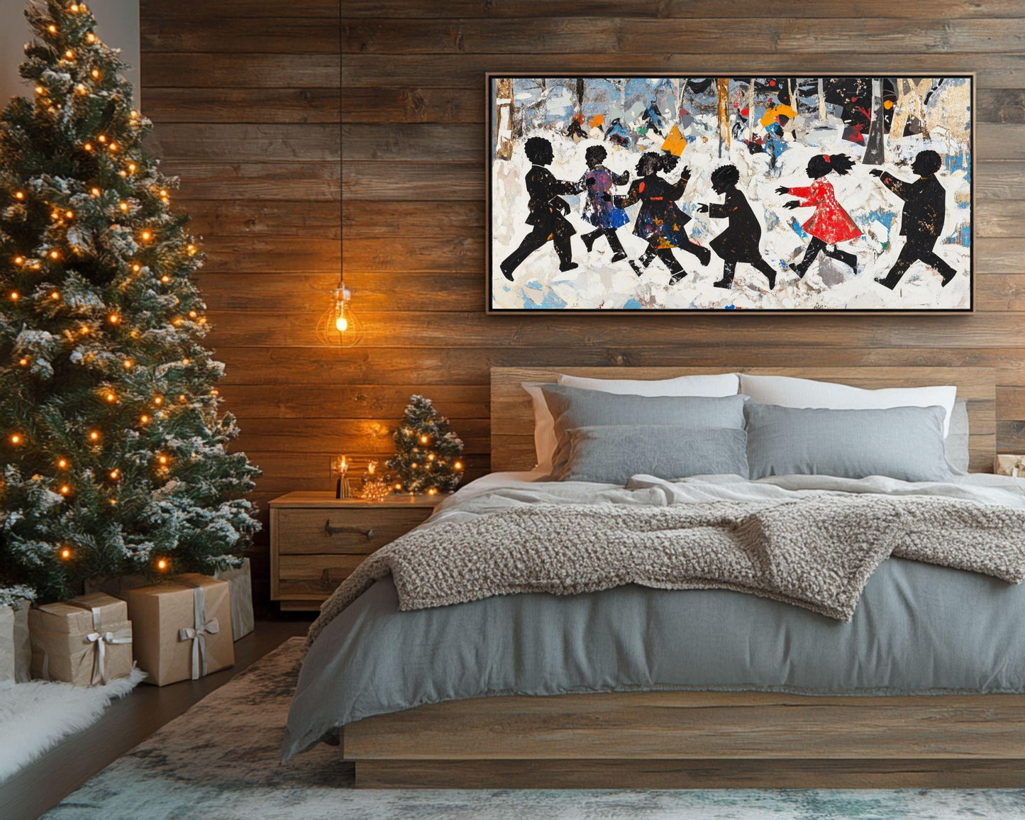 Black Children Playing in Snow | African American Winter Art | Festive Holiday Snow Scene Canvas | Vibrant Christmas Wall Decor