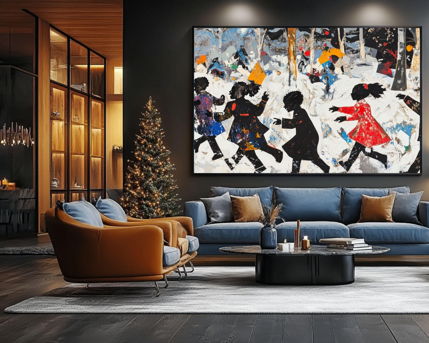 Black Children Playing in Snow | African American Winter Art | Festive Holiday Snow Scene Canvas | Vibrant Christmas Wall Decor