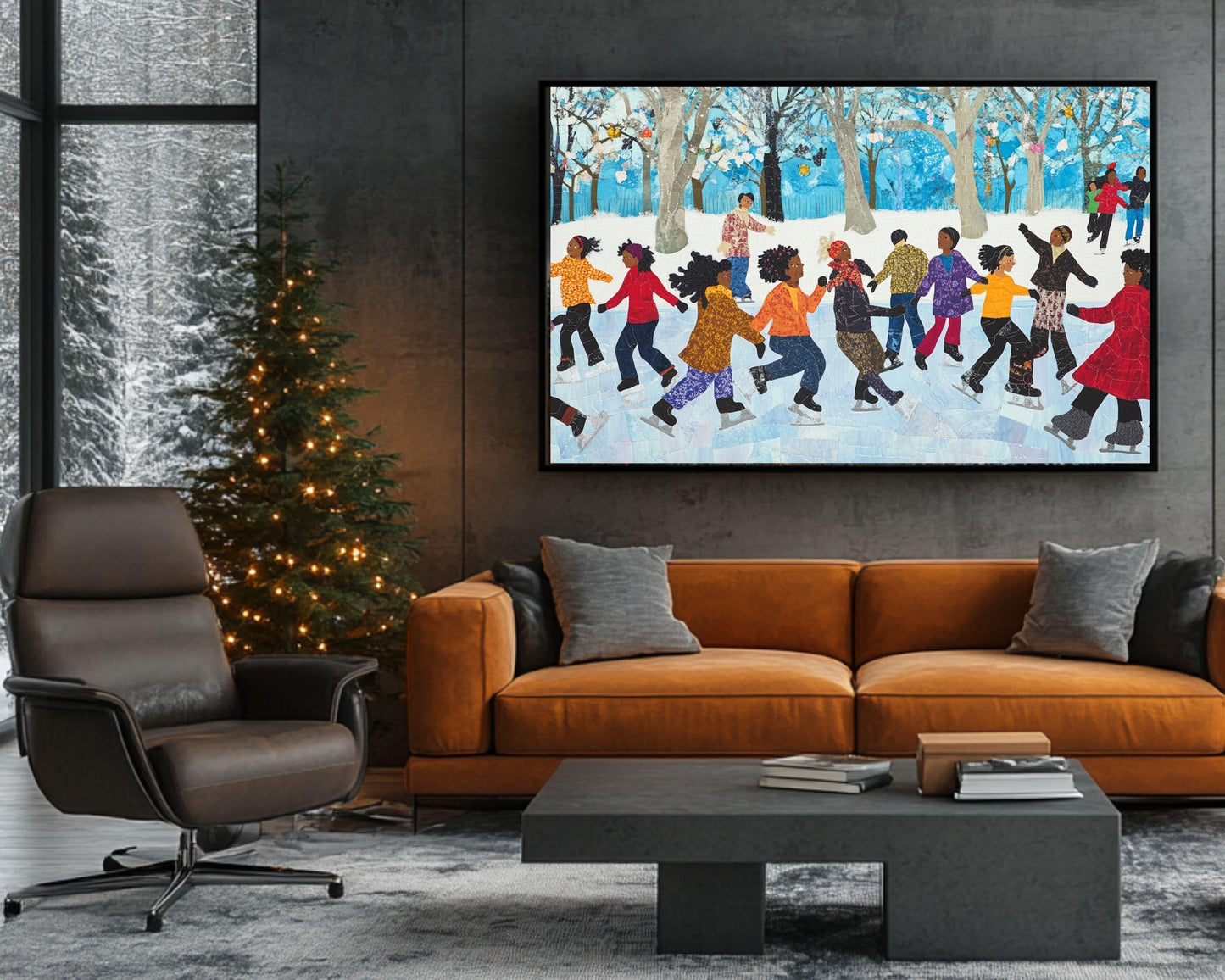 Black Friends Ice Skating in Winter | African American Quilt-Style Art | Festive Winter Scene Canvas | Vibrant Holiday Wall Decor