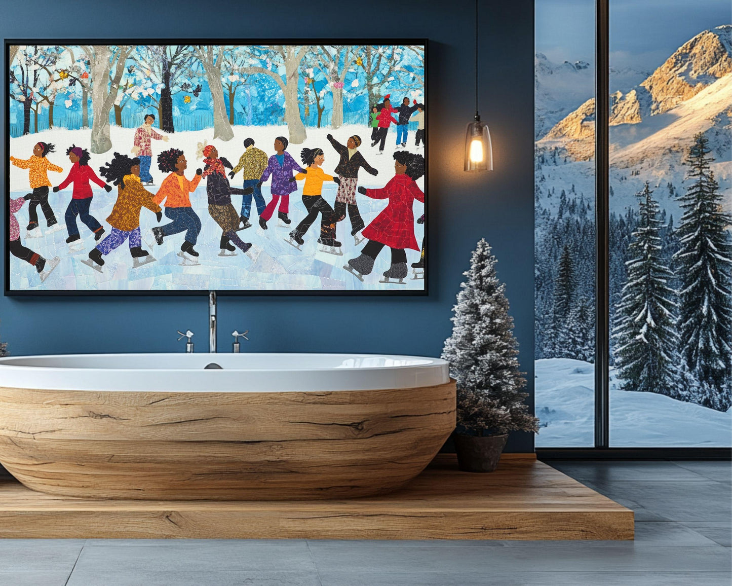 Black Friends Ice Skating in Winter | African American Quilt-Style Art | Festive Winter Scene Canvas | Vibrant Holiday Wall Decor