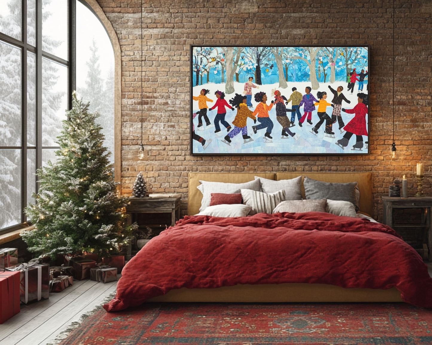 Black Friends Ice Skating in Winter | African American Quilt-Style Art | Festive Winter Scene Canvas | Vibrant Holiday Wall Decor