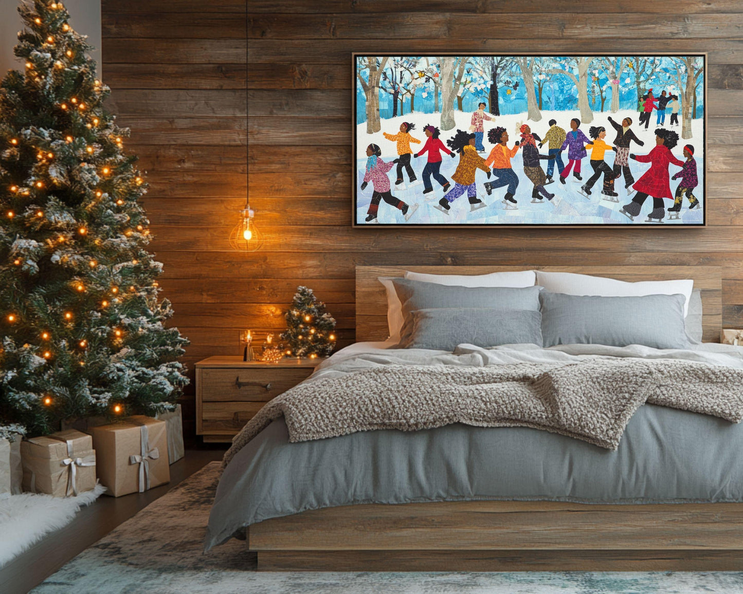 Black Friends Ice Skating in Winter | African American Quilt-Style Art | Festive Winter Scene Canvas | Vibrant Holiday Wall Decor