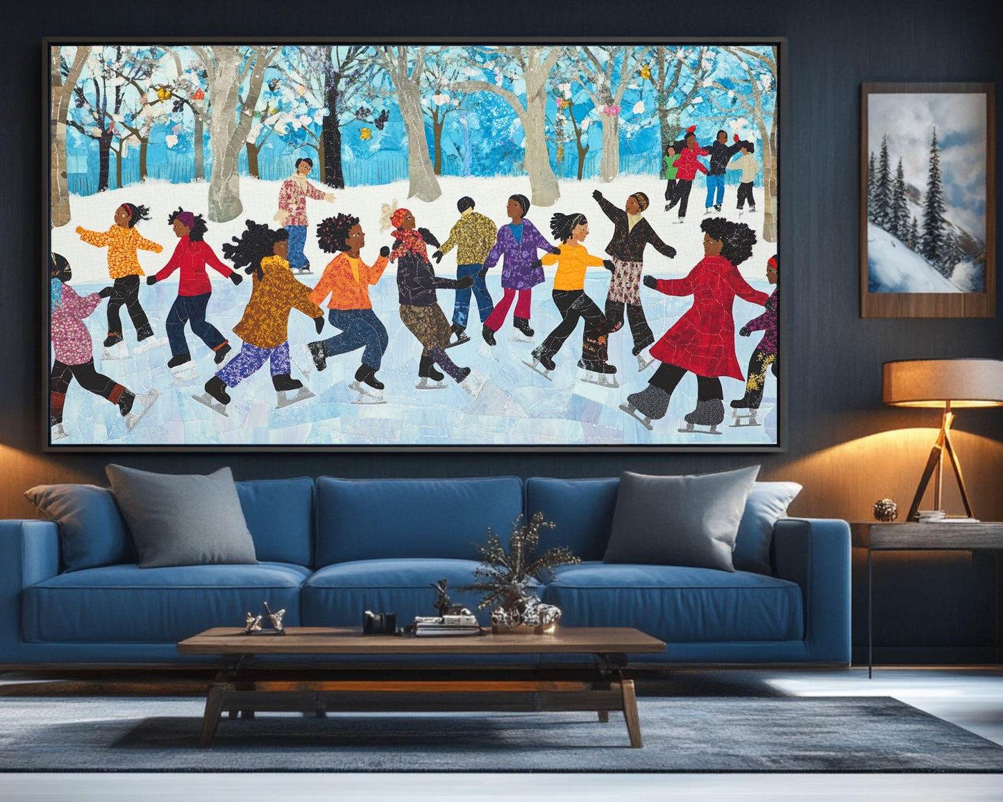 Black Friends Ice Skating in Winter | African American Quilt-Style Art | Festive Winter Scene Canvas | Vibrant Holiday Wall Decor