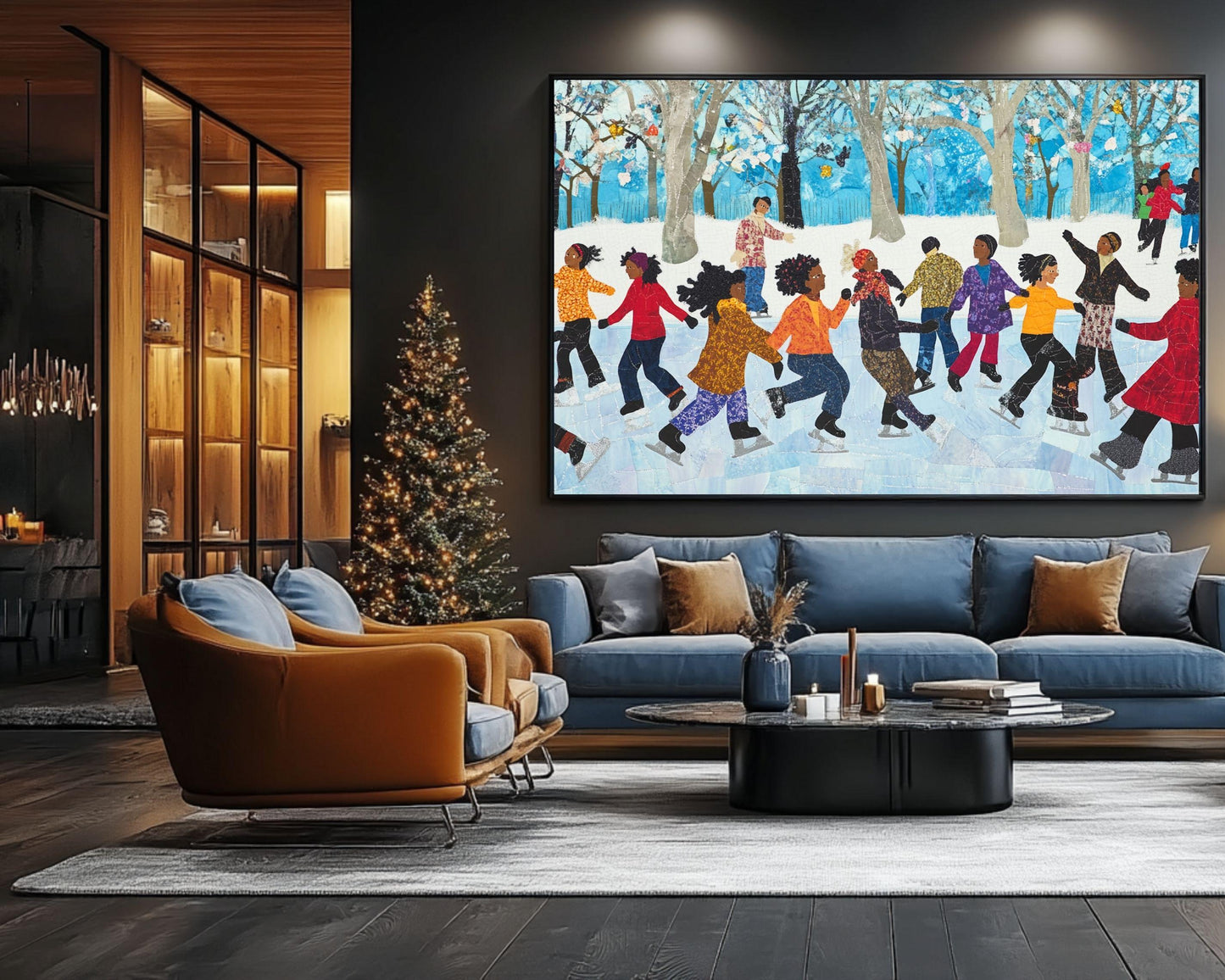 Black Friends Ice Skating in Winter | African American Quilt-Style Art | Festive Winter Scene Canvas | Vibrant Holiday Wall Decor