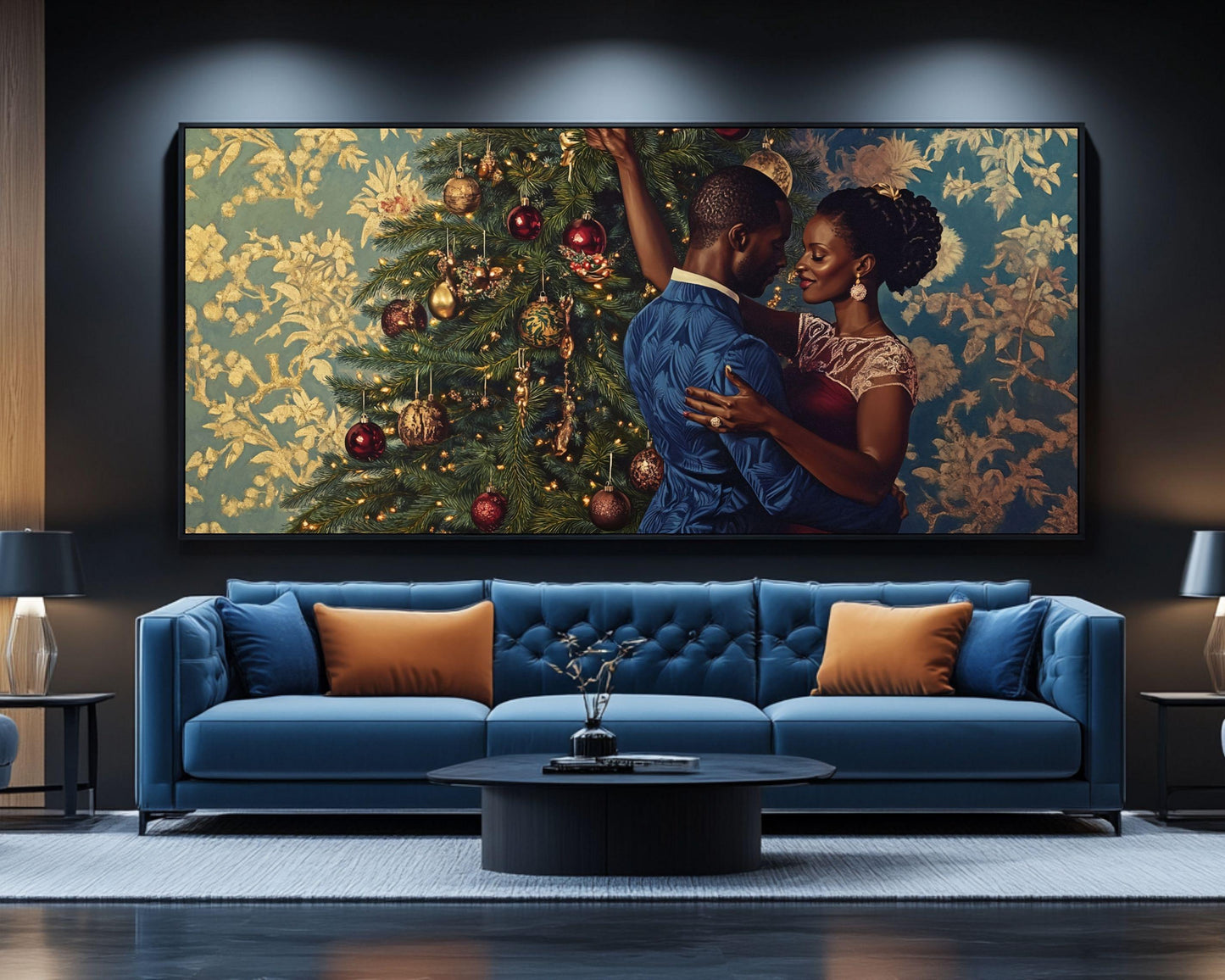 Black Couple Decorating Christmas Tree | African American Holiday Art | Elegant Christmas Scene Canvas | Romantic Christmas Home Decor