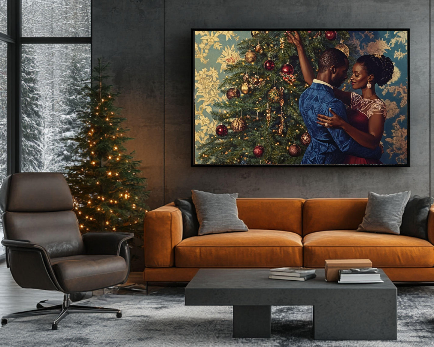 Black Couple Decorating Christmas Tree | African American Holiday Art | Elegant Christmas Scene Canvas | Romantic Christmas Home Decor