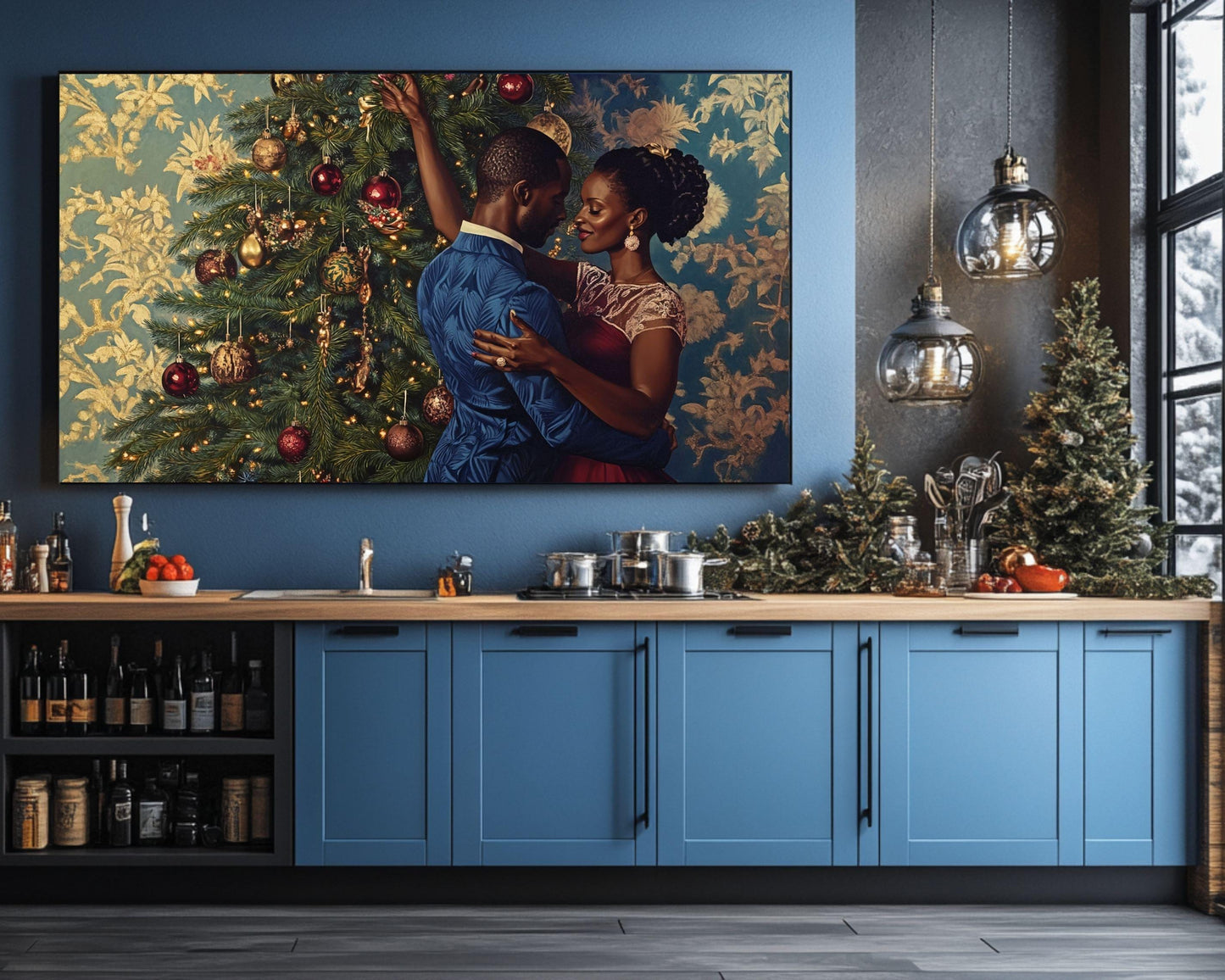 Black Couple Decorating Christmas Tree | African American Holiday Art | Elegant Christmas Scene Canvas | Romantic Christmas Home Decor