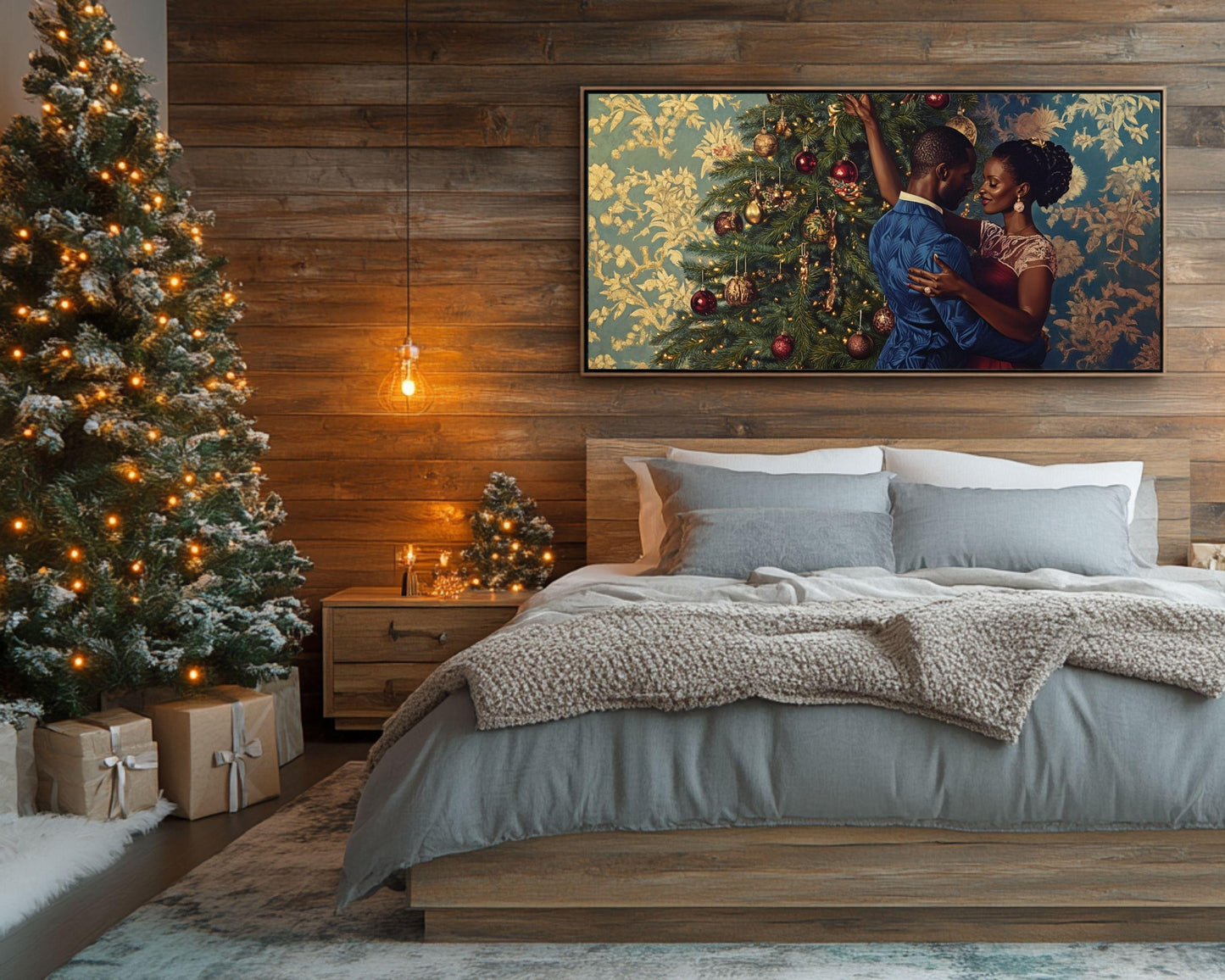 Black Couple Decorating Christmas Tree | African American Holiday Art | Elegant Christmas Scene Canvas | Romantic Christmas Home Decor