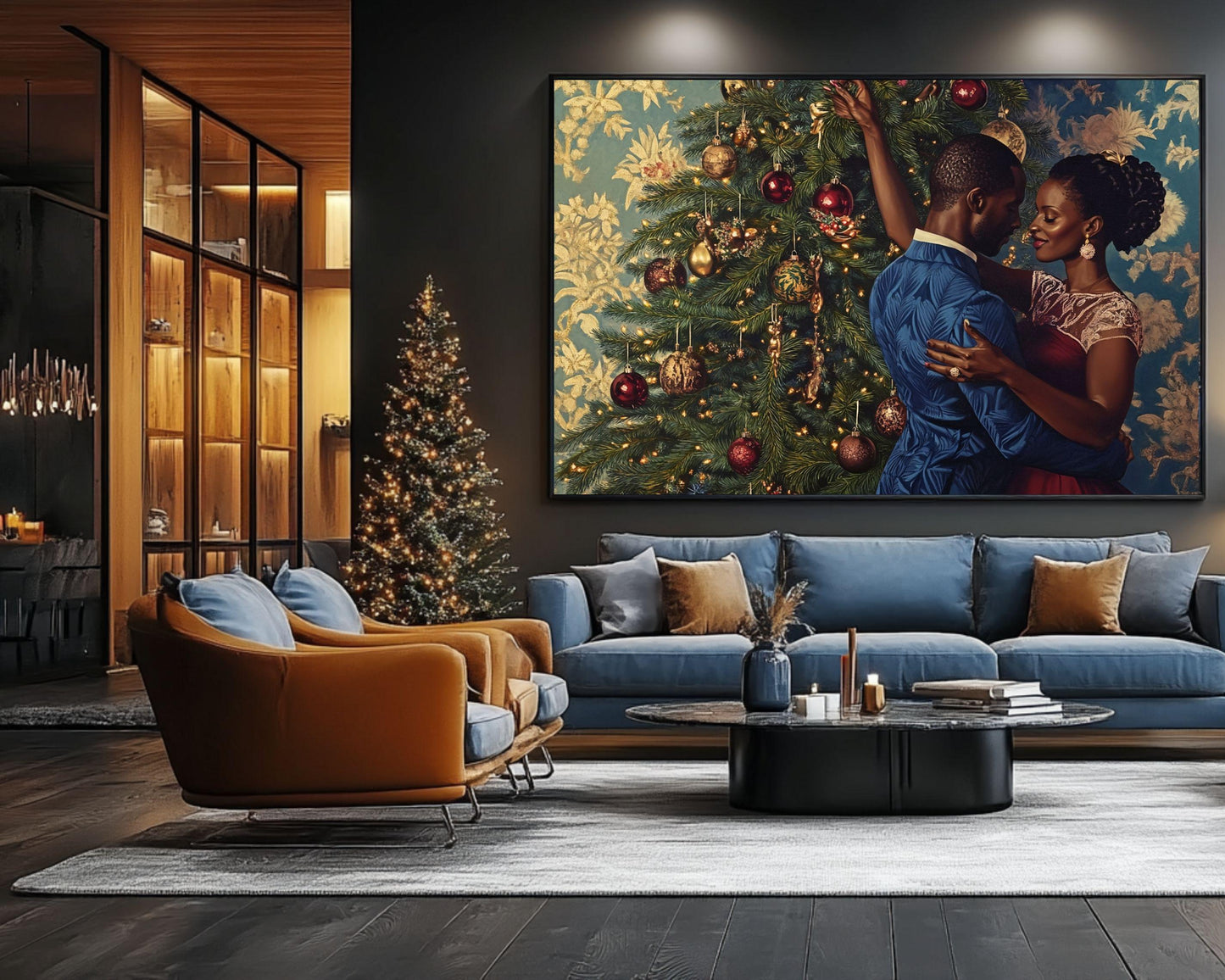 Black Couple Decorating Christmas Tree | African American Holiday Art | Elegant Christmas Scene Canvas | Romantic Christmas Home Decor