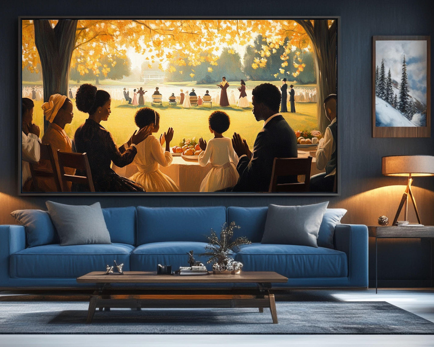 Black Family Enjoying Fall Feast | African American Thanksgiving Art | Autumn Gathering Scene Canvas | Warm Fall Home Decor