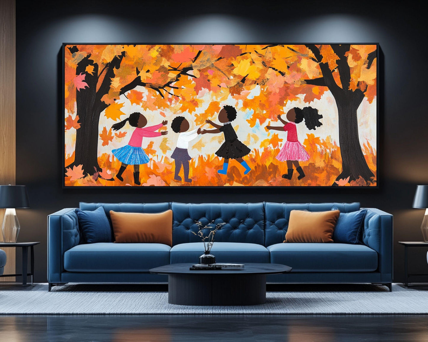 Black Children Collecting Fall Leaves | African American Autumn Art | Vibrant Fall Scene Canvas | Joyful Autumn Wall Decor