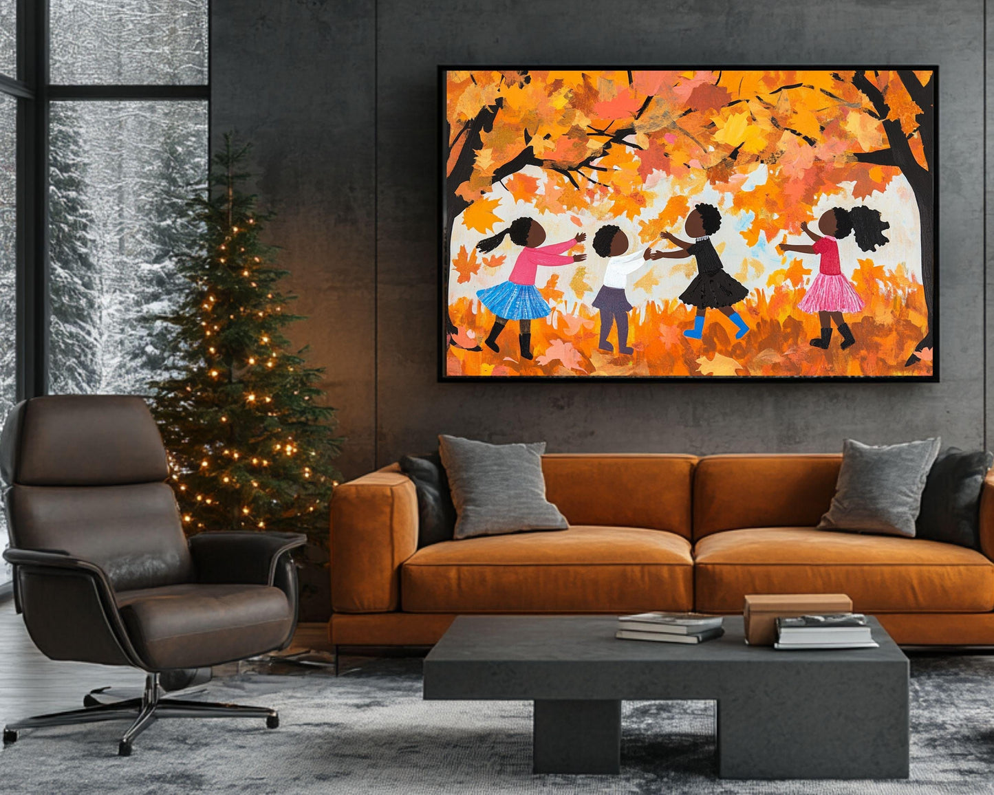 Black Children Collecting Fall Leaves | African American Autumn Art | Vibrant Fall Scene Canvas | Joyful Autumn Wall Decor