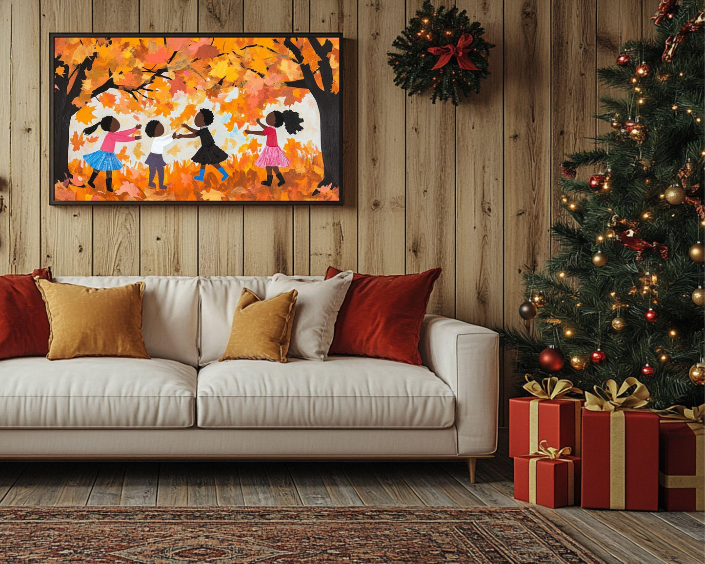 Black Children Collecting Fall Leaves | African American Autumn Art | Vibrant Fall Scene Canvas | Joyful Autumn Wall Decor