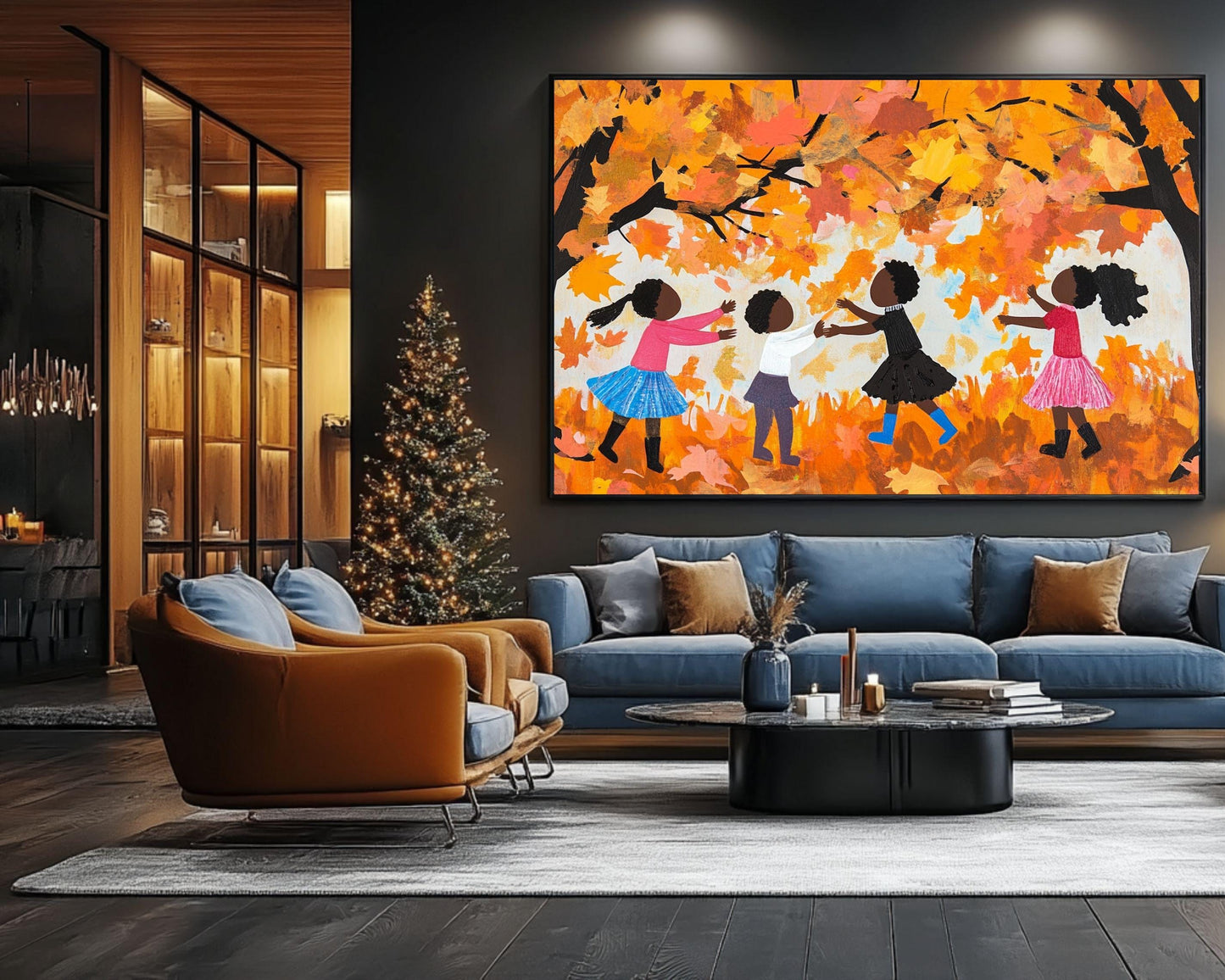 Black Children Collecting Fall Leaves | African American Autumn Art | Vibrant Fall Scene Canvas | Joyful Autumn Wall Decor