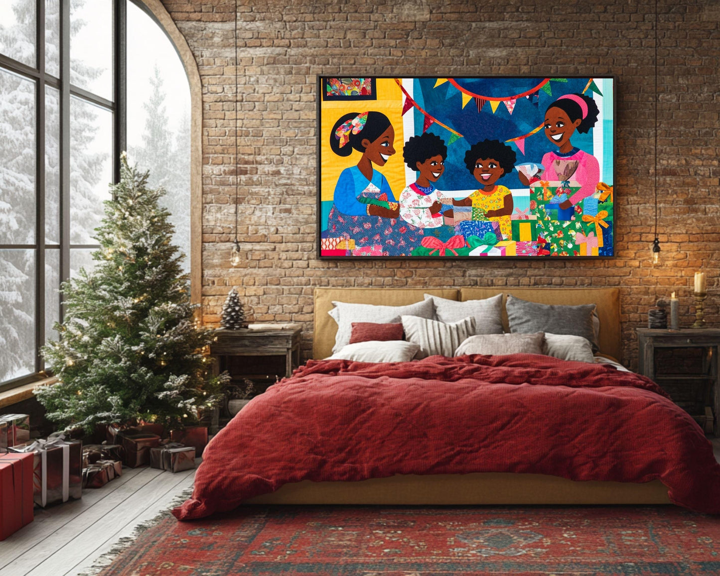 Black Family Opening Christmas Gifts | African American Holiday Art | Quilt-Style Christmas Scene Canvas | Joyful Christmas Home Decor