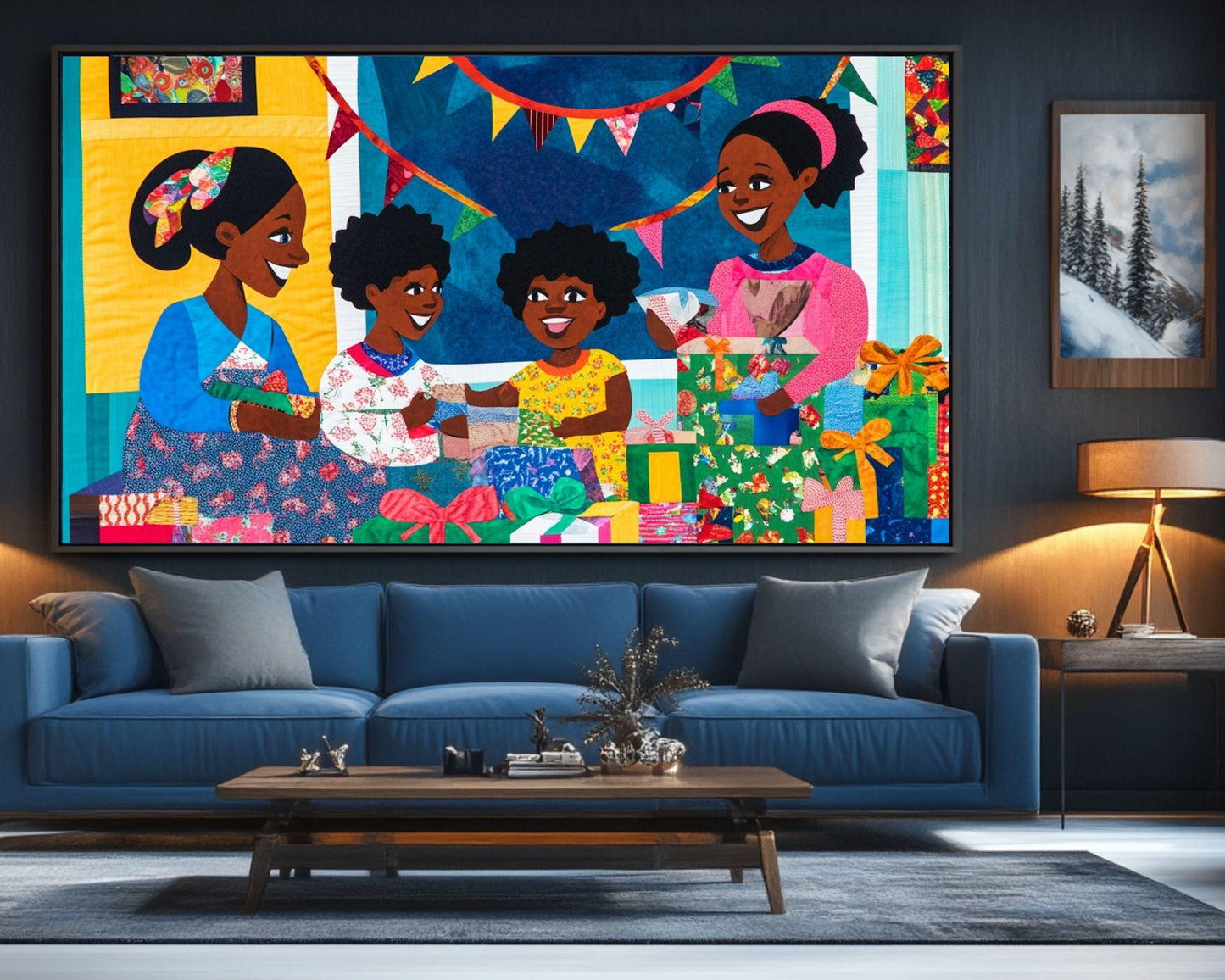 Black Family Opening Christmas Gifts | African American Holiday Art | Quilt-Style Christmas Scene Canvas | Joyful Christmas Home Decor