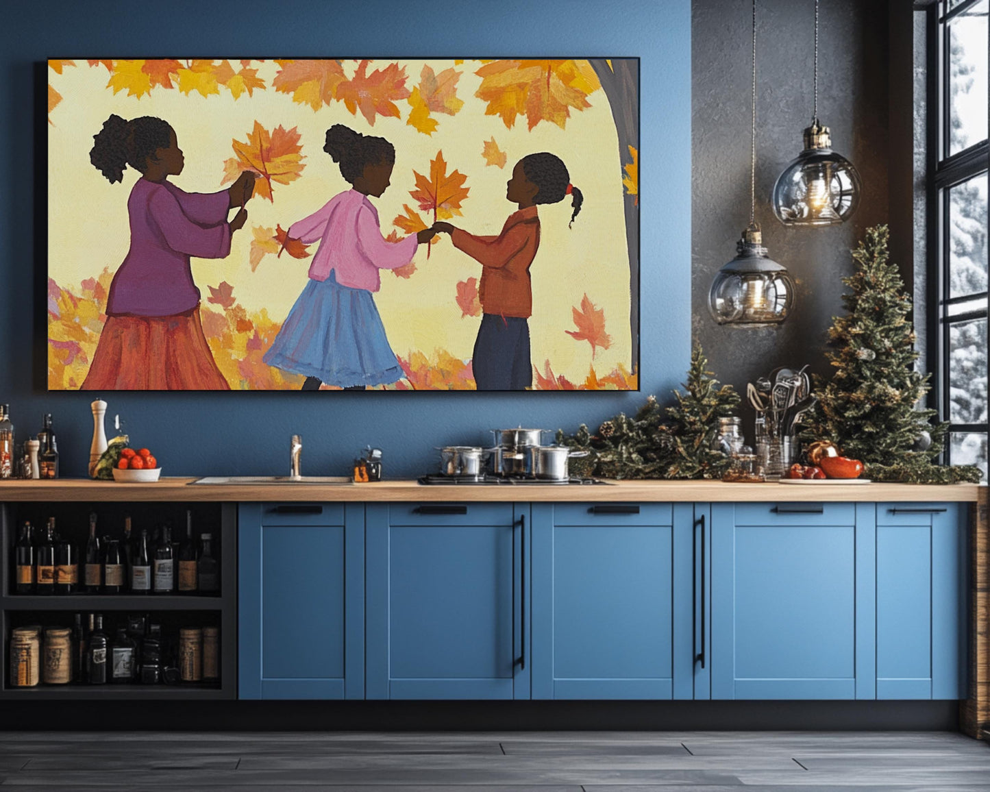 Black Children Collecting Fall Leaves | African American Autumn Art | Vibrant Fall Scene Canvas | Playful Autumn Home Decor