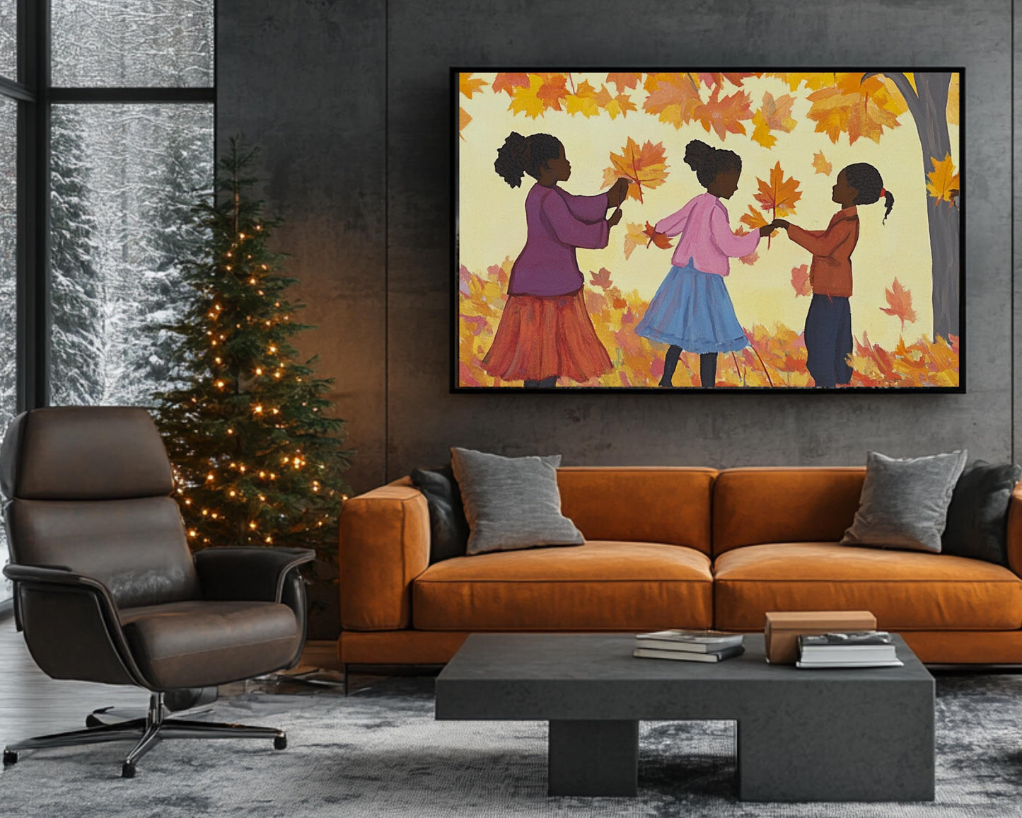 Black Children Collecting Fall Leaves | African American Autumn Art | Vibrant Fall Scene Canvas | Playful Autumn Home Decor