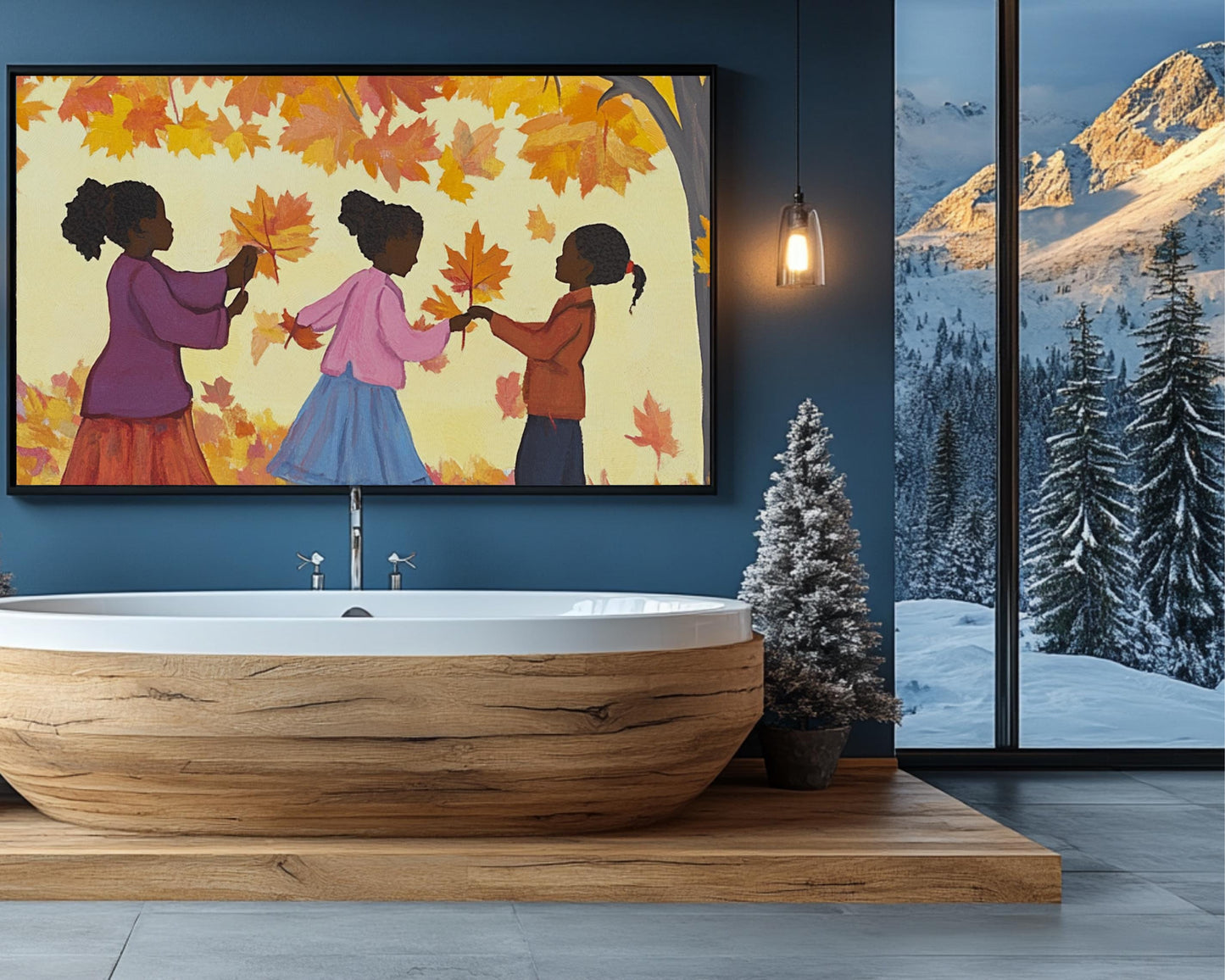 Black Children Collecting Fall Leaves | African American Autumn Art | Vibrant Fall Scene Canvas | Playful Autumn Home Decor