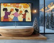Autumn Joy Black Children Playing in Fall Leaves cultural wall decor print by MoomZee Artwork