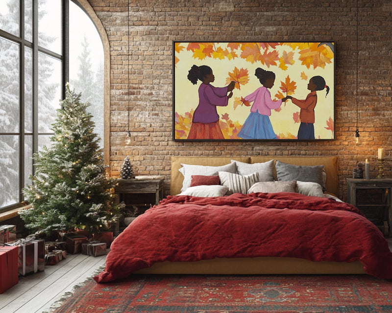 Autumn Joy Wall Art – Black Children Playing in Fall Leaves Canvas