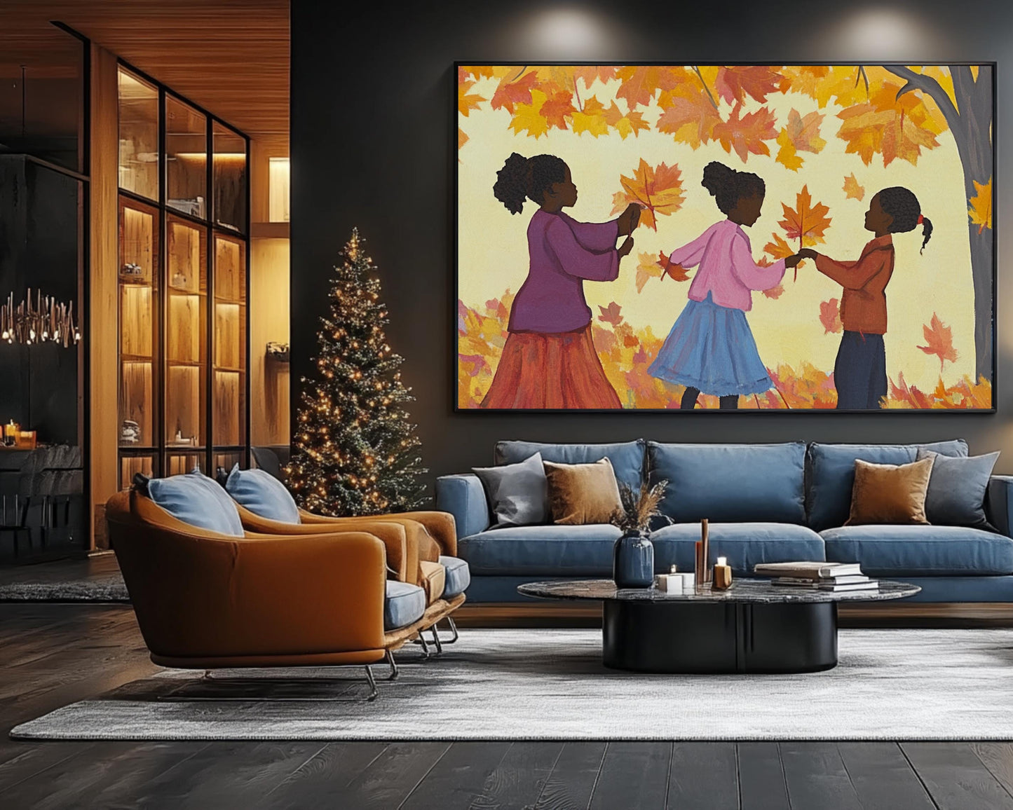 Black Children Collecting Fall Leaves | African American Autumn Art | Vibrant Fall Scene Canvas | Playful Autumn Home Decor