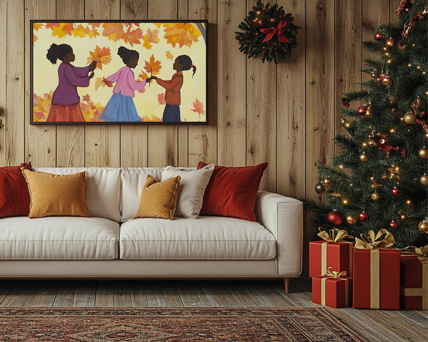 Black Children Collecting Fall Leaves | African American Autumn Art | Vibrant Fall Scene Canvas | Playful Autumn Home Decor