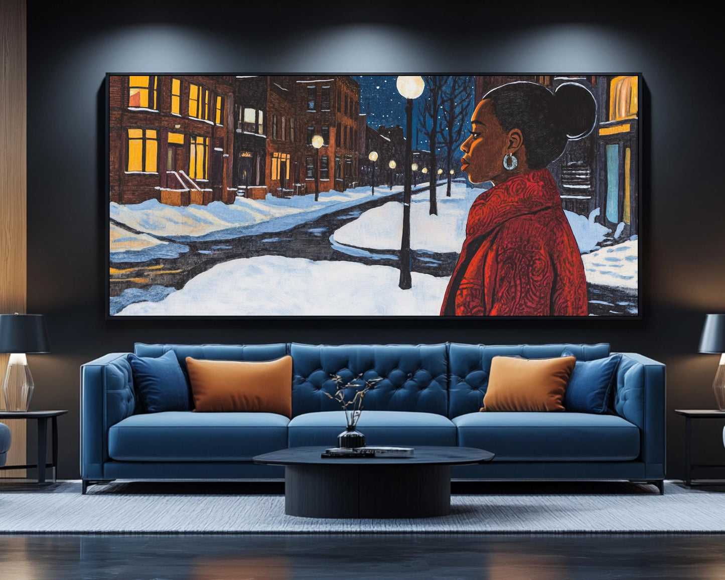 Black Woman Walking in Snowy Neighborhood | African American Winter Art | Peaceful Night Scene Canvas | Winter Home Decor