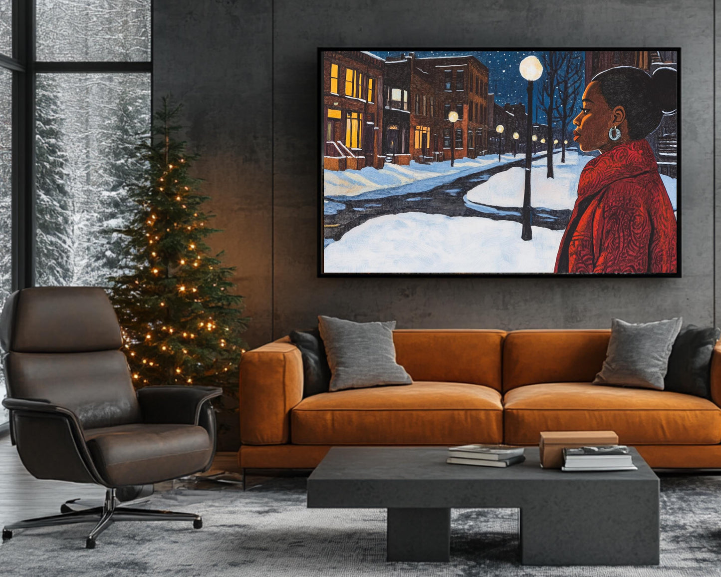 Black Woman Walking in Snowy Neighborhood | African American Winter Art | Peaceful Night Scene Canvas | Winter Home Decor