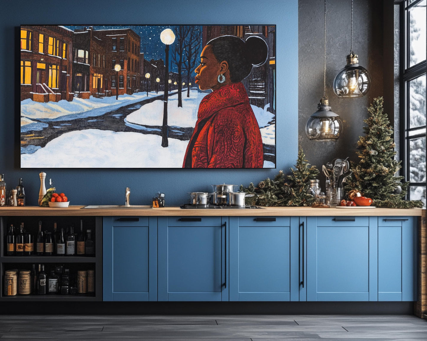 Black Woman Walking in Snowy Neighborhood | African American Winter Art | Peaceful Night Scene Canvas | Winter Home Decor