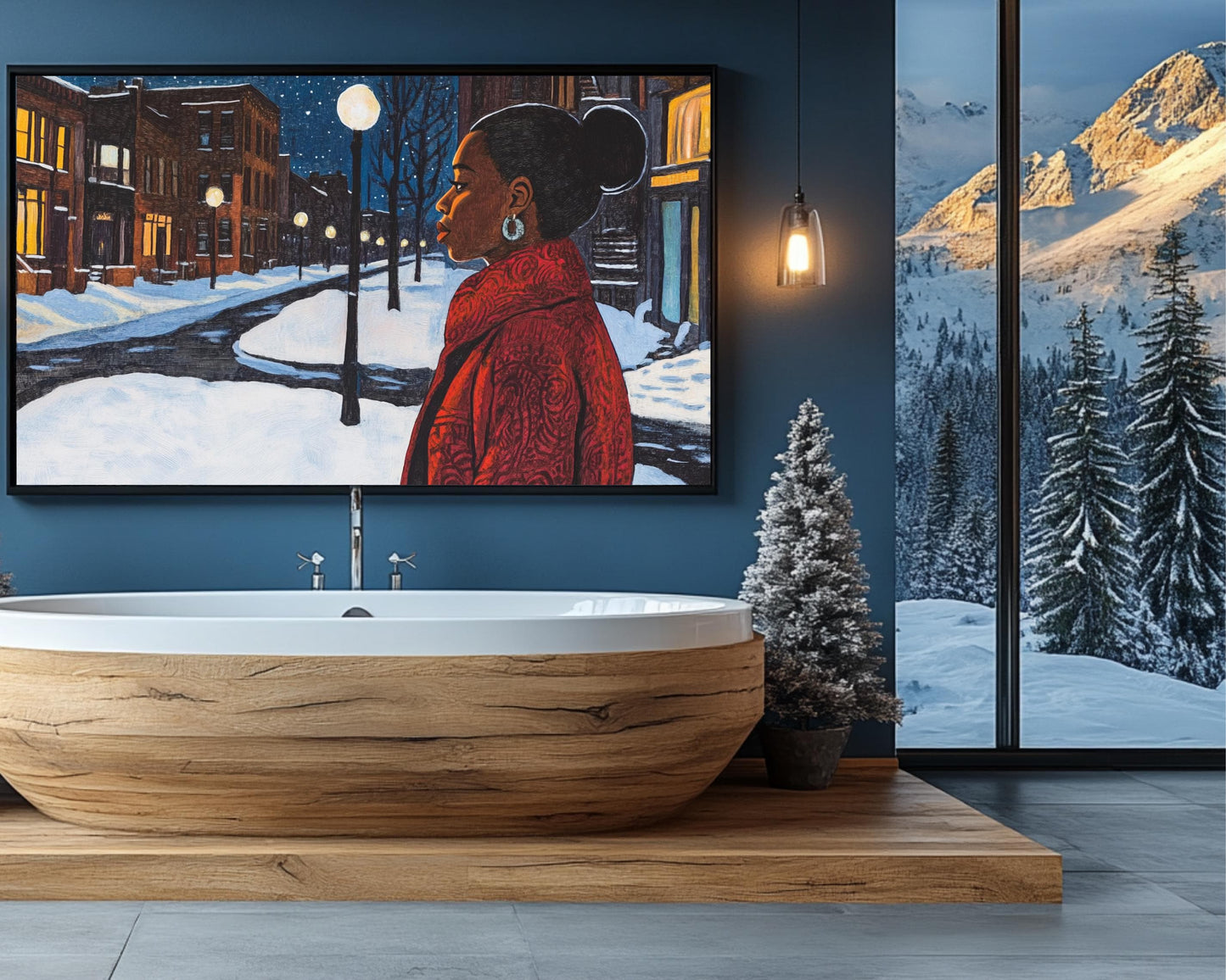 Black Woman Walking in Snowy Neighborhood | African American Winter Art | Peaceful Night Scene Canvas | Winter Home Decor