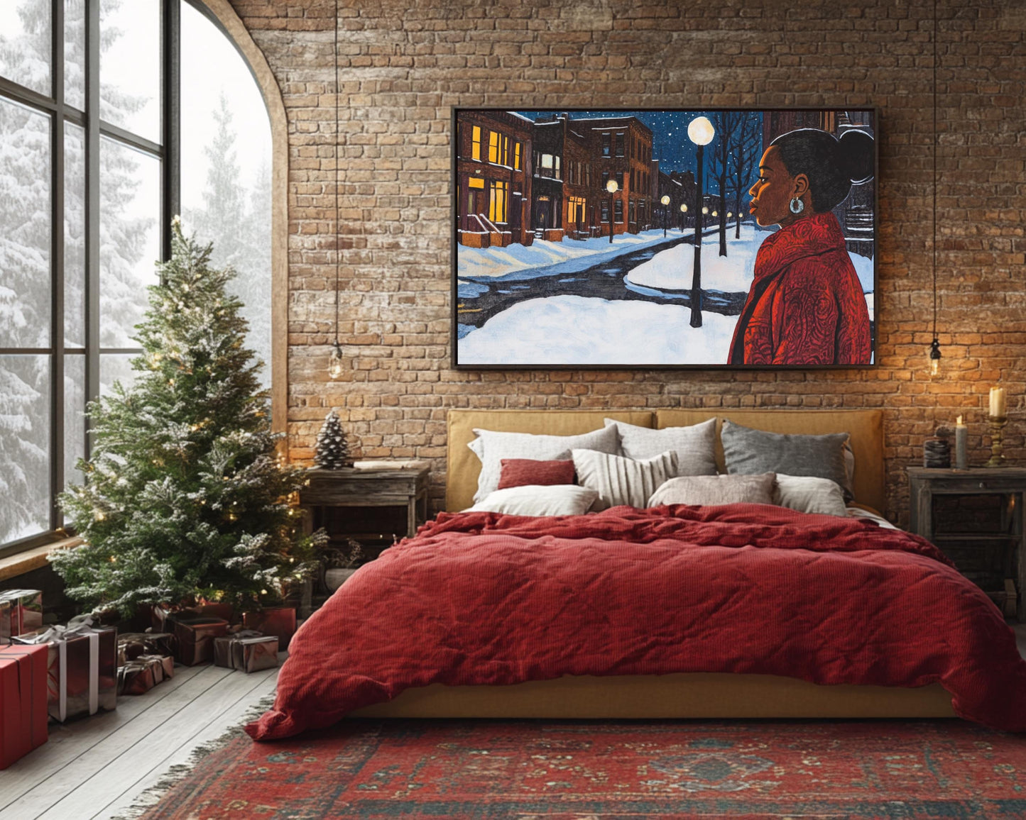 Black Woman Walking in Snowy Neighborhood | African American Winter Art | Peaceful Night Scene Canvas | Winter Home Decor