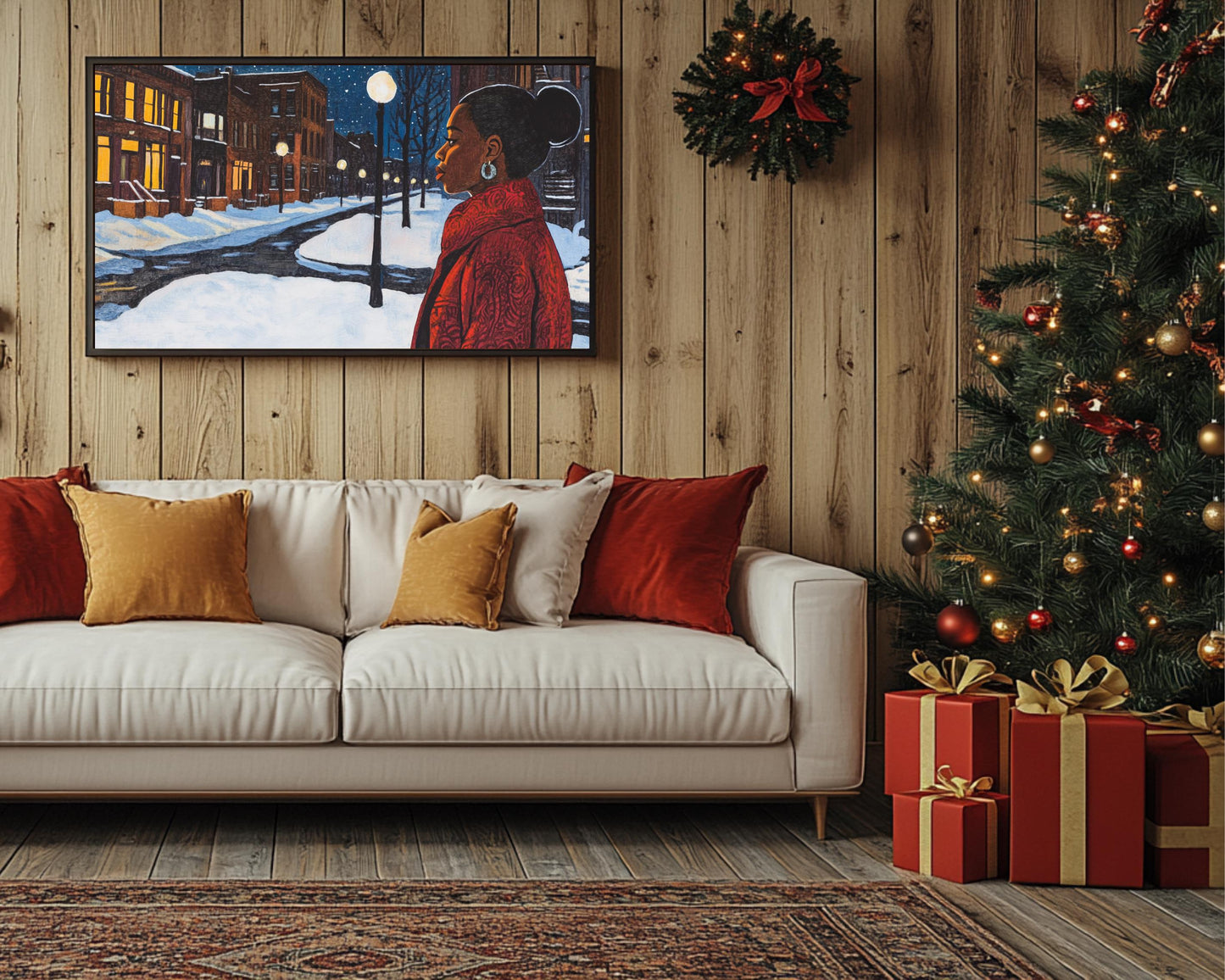 Black Woman Walking in Snowy Neighborhood | African American Winter Art | Peaceful Night Scene Canvas | Winter Home Decor