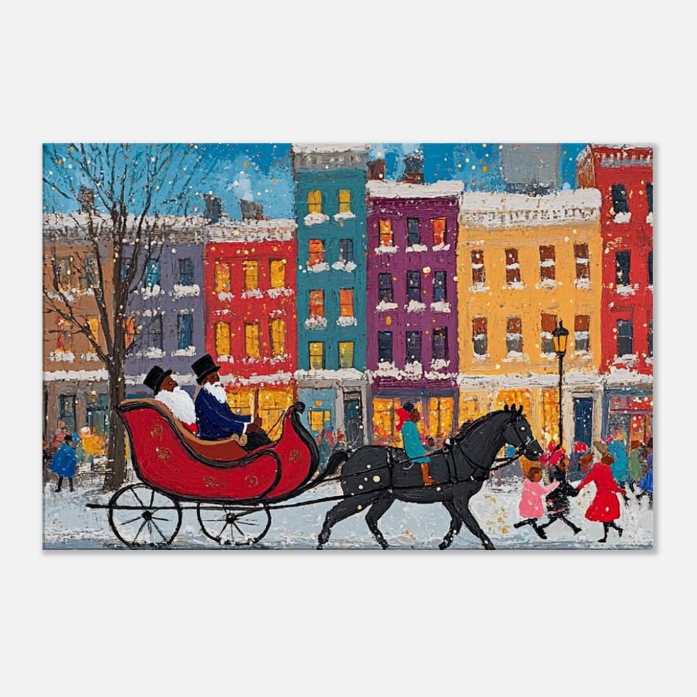 Sleigh Ride Black Santa African American wall art featuring a joyful Santa on a colorful sleigh against a snowy backdrop.