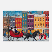 Sleigh Ride Black Santa African American wall art featuring a joyful Santa on a colorful sleigh against a snowy backdrop.