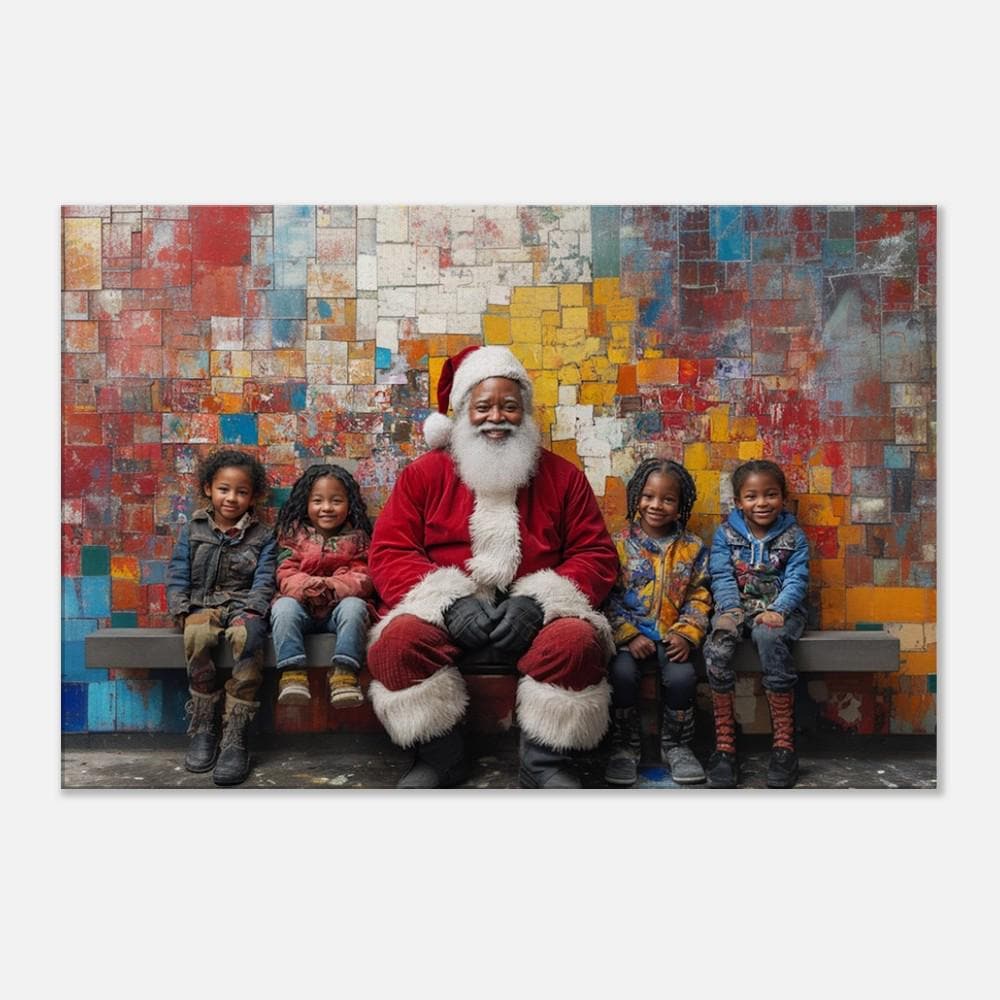 Black Santa with Kids African American wall art celebrating joy and togetherness in a vibrant, festive scene.