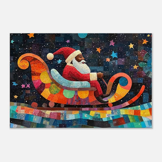 Black Santa in a Colorful Sleigh | Christmas Quilt-Style Art | African American Holiday Decor | Festive Fall Wall Art