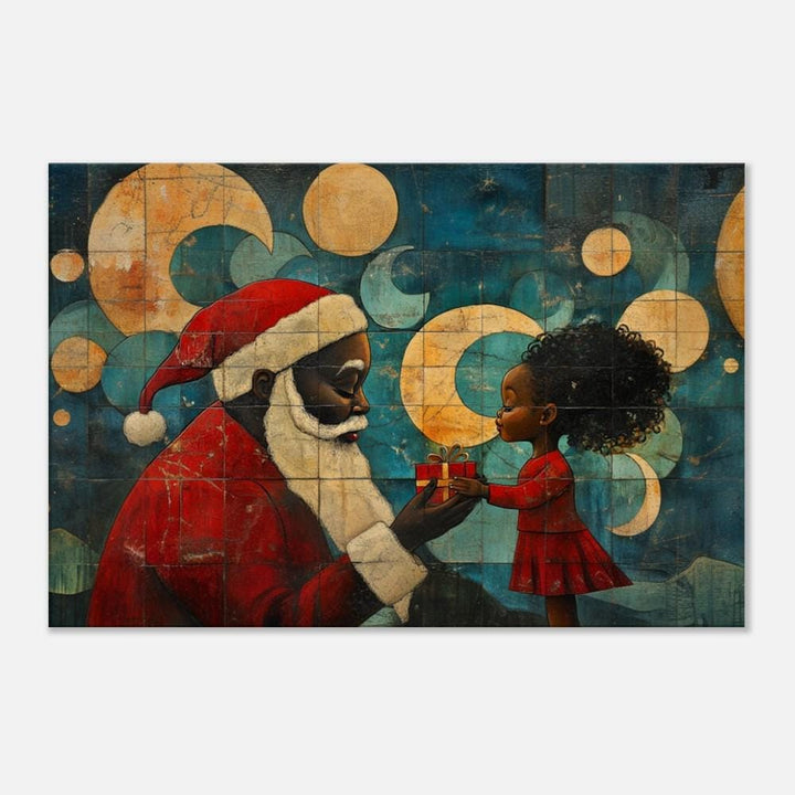 Santa and Girl African American Christmas wall art featuring a joyful holiday scene with vibrant colors and festive details.