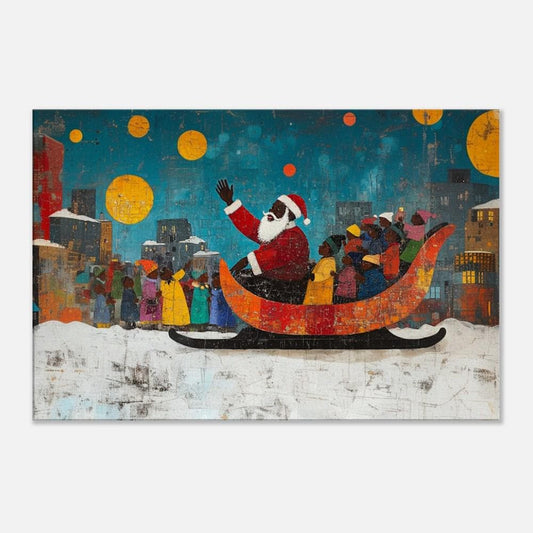 Black Santa in Sleigh | Jacob Lawrence-Inspired Christmas Art | African American Holiday Wall Art | Urban Christmas | Colorful Holiday Art