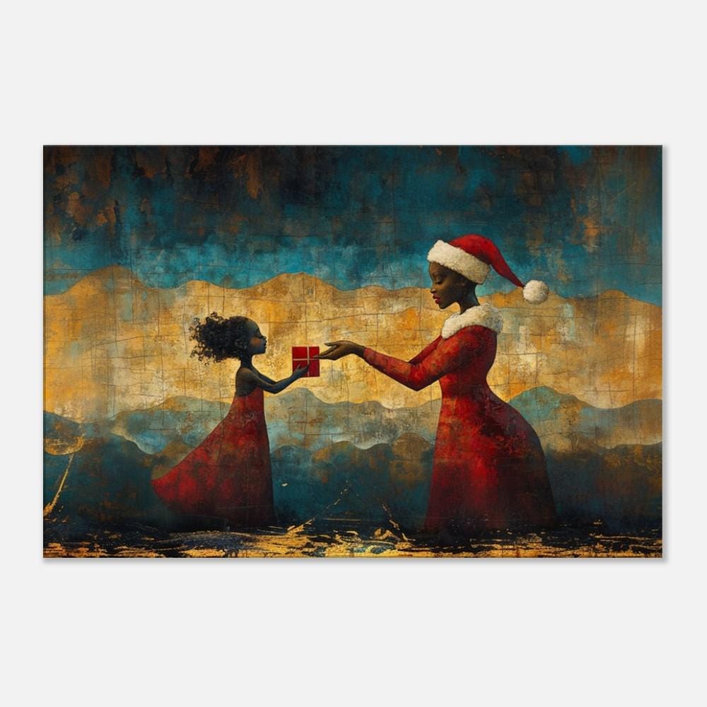 Black Santa Handing Gift to Child | African American Christmas Wall Art | Warm Festive Holiday Decor | Red and Gold Christmas Scene