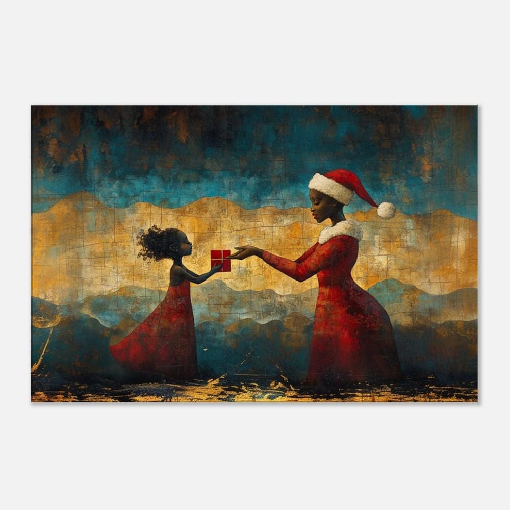 Black Santa canvas art, celebrating joy and diversity, perfect as African American wall art for the holiday season.